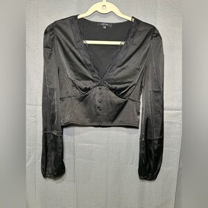 Love Tree Black Satin Blouse with Lace Trim